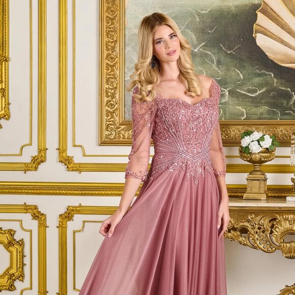 New Olive Beads Embellished A-Line Maxi Mesh Mother Of Bride Dress GL3787 - Picture 1 of 14